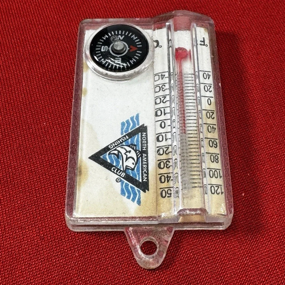 Vintage North American Fishing Club Keychain, Temperature Gauge, Compass & Chill